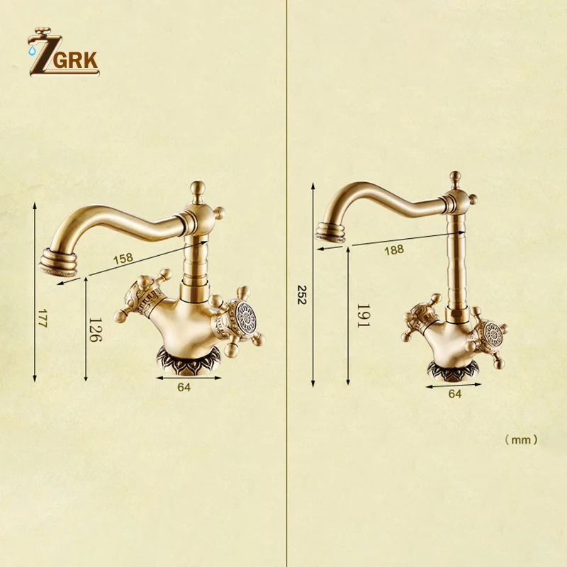 ZGRK смесители для раковины, античная латунь, кран для ванной комнаты, кран для раковины с резьбой, вращающаяся двойная ручка, смесители для горячей и холодной воды