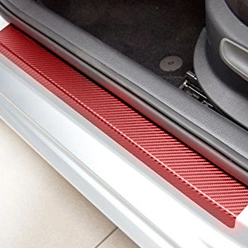 4pcs/set 3D Carbon Fiber Car Door Sill Scuff Cover Sticker Anti Scratch Red