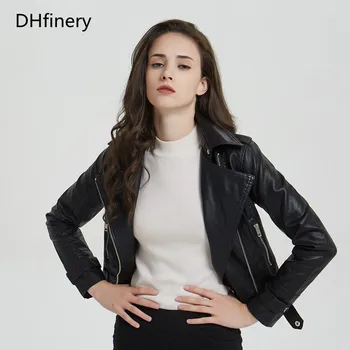 

DHfinery Leather Jacket Women spring autumn Zipper Motorcycle PU Faux Soft Leather Jacket black Turndown collar coat P1890