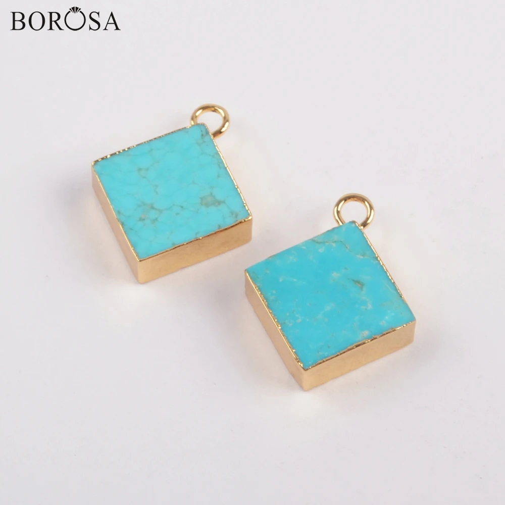 

BOROSA 10PCS 15mm Rhombic Gold Color Natural Turquoises Charm Gems Pendant for Earrings Necklace Bohemian Jewelry Gifts G1828