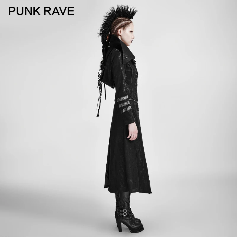 PUNK RAVE Gothic Trench Coat Stretch Twill Fabric Scorpion Leather Removable Hat High Collar army Windbreaker Women Raincoat