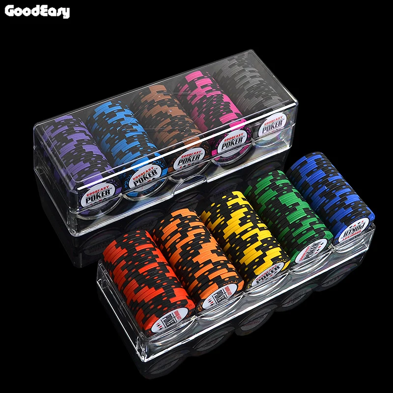 Набор глиняных чипов 14 г с акриловой коробкой фишки для покера в виде короны