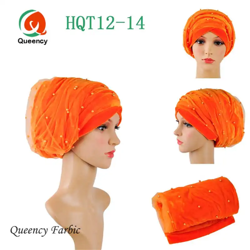 HQT12Wholesale тюрбан ободки новые Африканский тюрбан бусинами с чистой Женская повязка на голову вельветовый тюрбан платок/Головные уборы геле для женщин - Цвет: orange