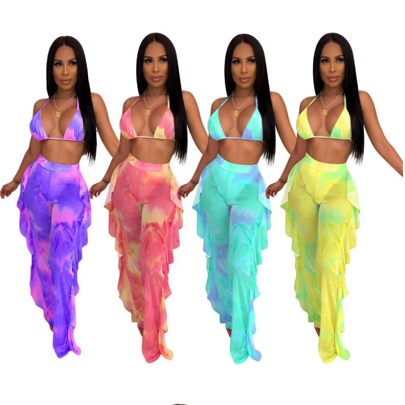

Tie Dye Printed Two Piece Set Halter Crop Top Ribbons Lace Up Ruffles Backless Beach Style Mesh Outfits Strapless Tube Long Pant