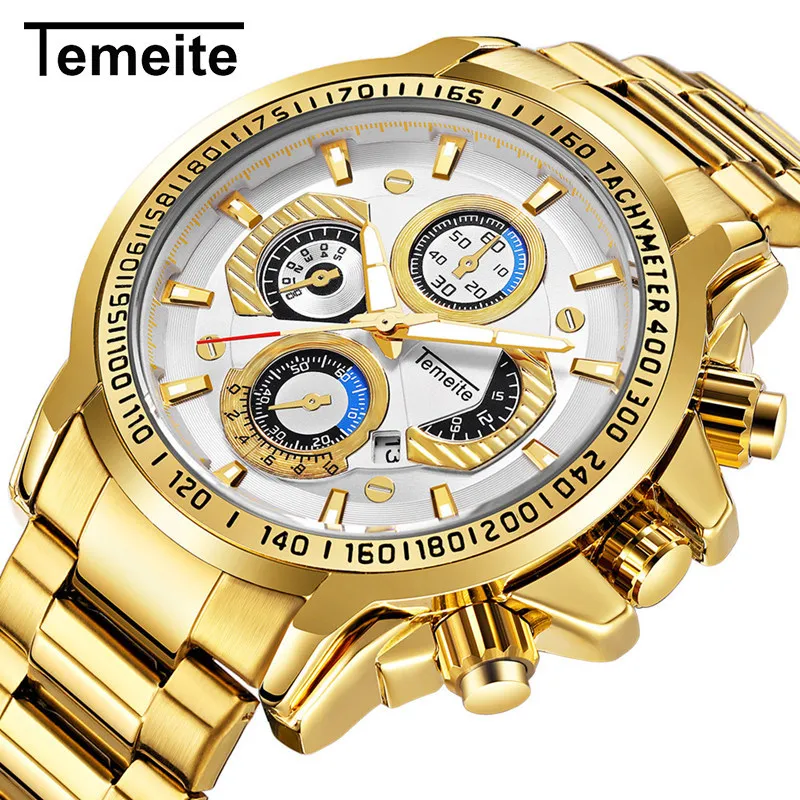 Temeite New Arrival Gold Watch Men Sport Style Stainless Steel Wristwatches Waterproof Golden Quartz watch Brand 3