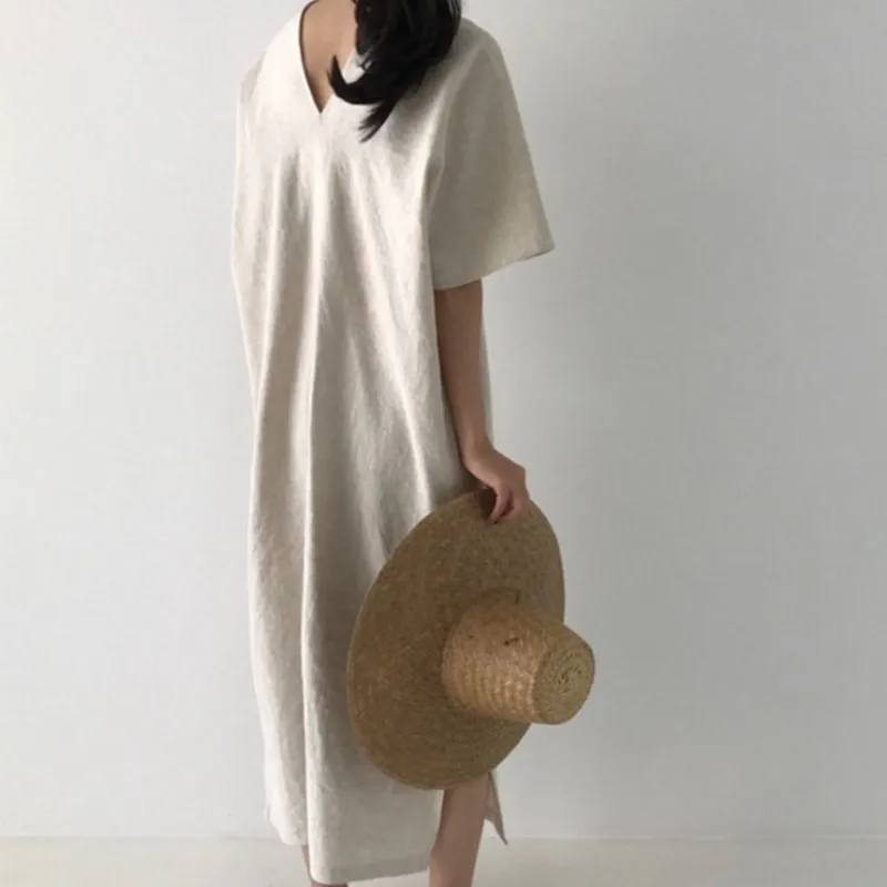 

Summer Short Sleeve Loose Dress Women Casual Cotton Linen Solid Color V-neck Long Dress