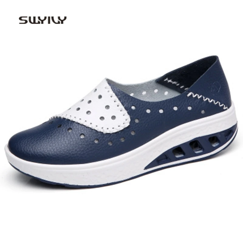 SWYIVY Women Toning Shoes Wedge Hole Leather Breathable Swing Shoes 2018 Slip-on Hollow Heel Female  Slimming Shoes Comfortable