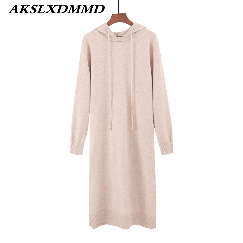 

2019 New Autumn Winter Large Size Loose Hooded Collar Knit Pullover Sweater Women Solid Thick Long Bottoming Knit Dress CW214