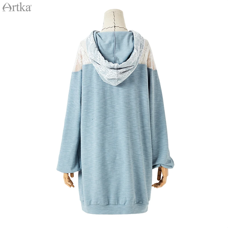  ARTKA 2019 Autumn New Female Elegant Lace Stitching Long Sweatshirt Loose Casual Fashion Hooded Swe