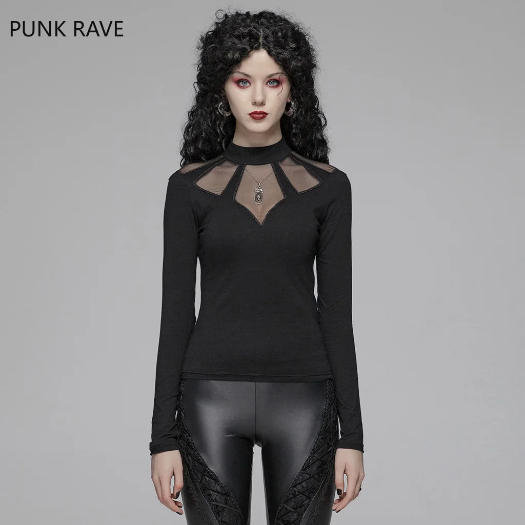 

PUNK RAVE Women Gothic Black Hollow Out Mesh T-shirt Sexy Fashion Club Party Tops Gothic Daily Long Sleeve T-shirt