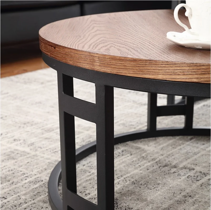 Nest Coffee Table with Metal Frame in Black / 80cm+70cm Round Plywood Top Nest Coffee Table with Metal Frame in Black / 80cm+70cm Round Plywood Top