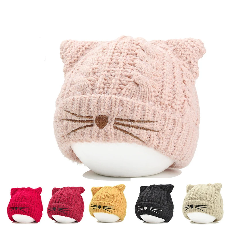 

Chic kitty Beanies Hat Fall Winter Cat Embroidery Knitted Beanies Hat Warm Hip Hop Caps for Cool Girl Boys