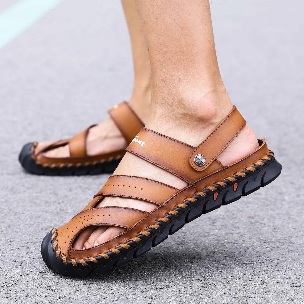 Новые летние сандалии мужские дышащие сандалии из натуральной кожи высокого качества Мужская обувь на плоской подошве размера плюс модная повседневная пляжная обувь# G4