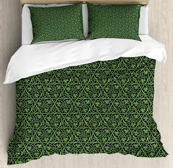 

Irish Duvet Cover Set National Foliage Intricate Twigs and Dots Trefoil Botanical Abstraction Bedding Set Black Lime Green