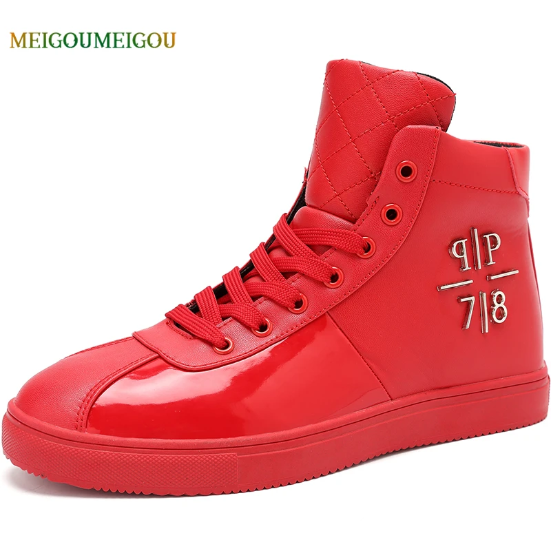 

LFFZ Glossy High Waterproof Casual Shoes Men Spring & Autumn Flats Men Vulcanize Shoes Fashion Lace-up Men Footwear Sneakers