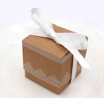 

100pcs European Style Kraft Paper Wedding Favors Candy Boxes Bomboniera Bridal Shower Chocolate Gifts Box with White Ribbons
