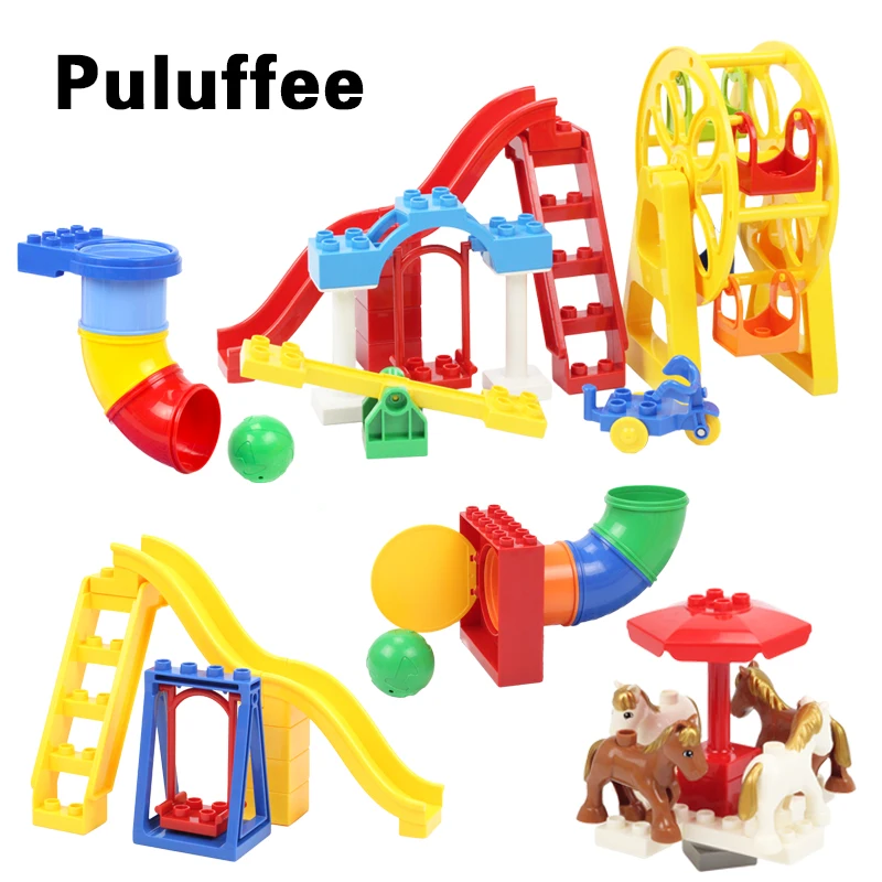 Us 5 18 36 Off Amusement Park Big Building Blocks Compatible With Duploe Brick Parts Pipeline Slide Swing Seesaw Ferris Wheel Playground Toys In