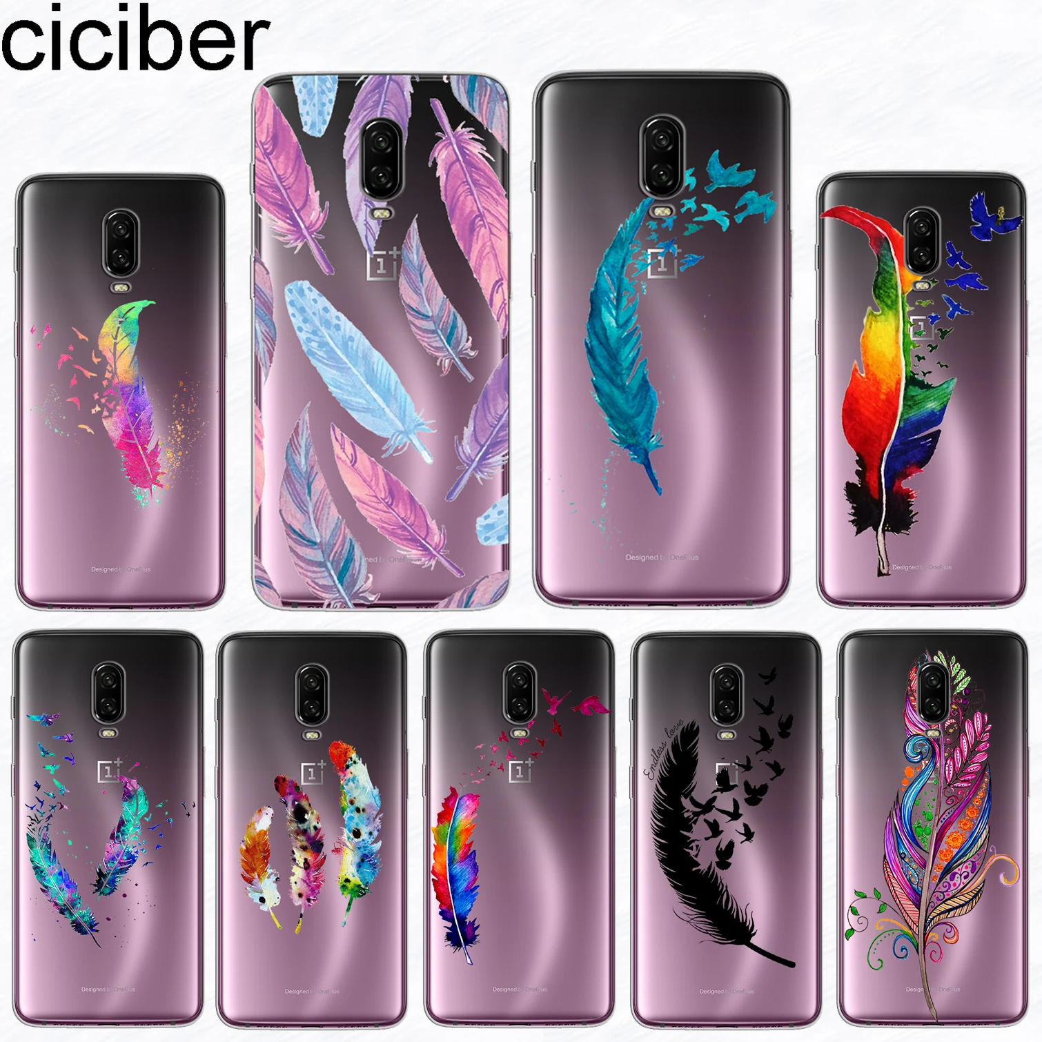 

ciciber For Oneplus 6 6T 5 5T Soft Silicone TPU Phone Case Feather Colorful Bright Pattern Cover For 1+ 6 5 T Coque Fundas Capa