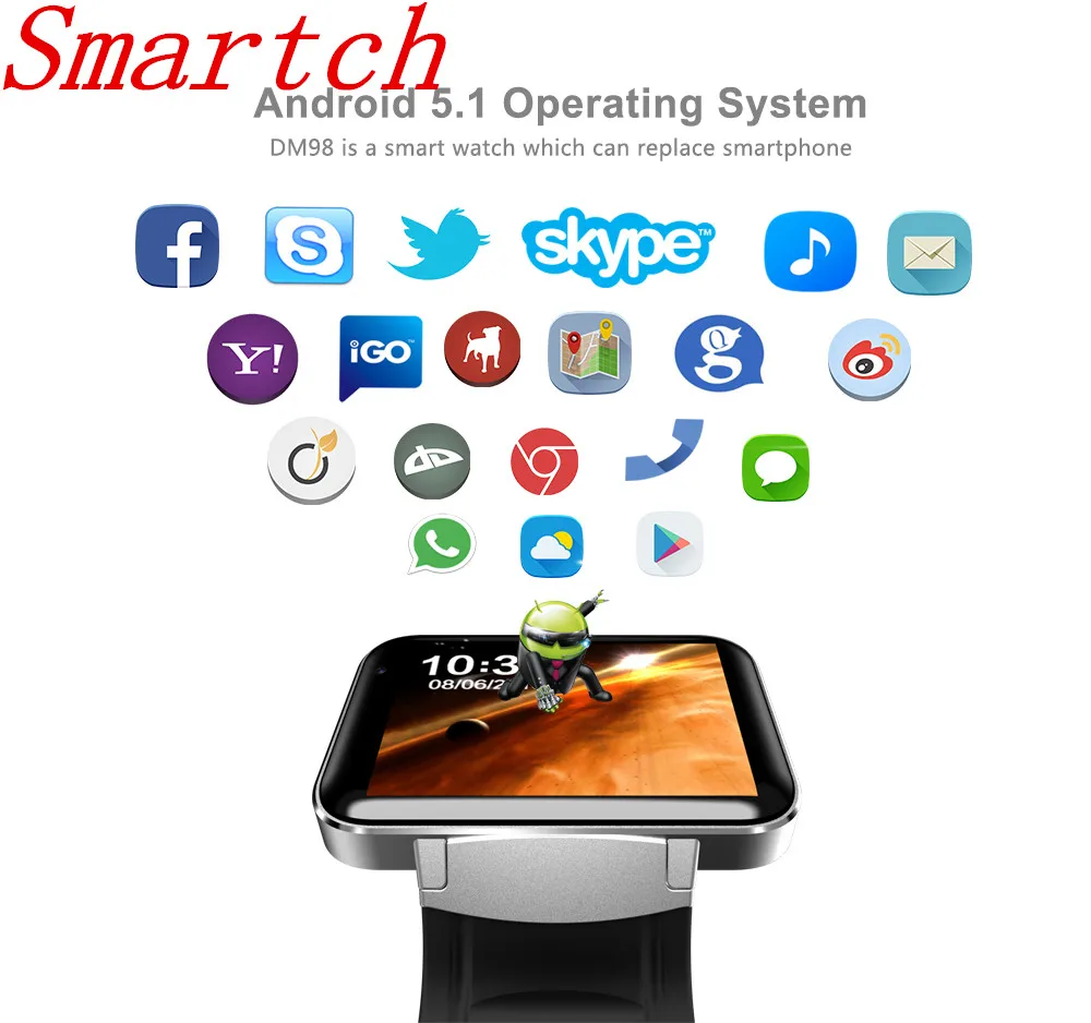 Smartch DM98 Bluetooth Smart Watch Android 4.4 3G Smartwatch Phone MTK6572 Dual Core 1.2GHz 4GB ROM Camera WCDMA WiFi GPS
