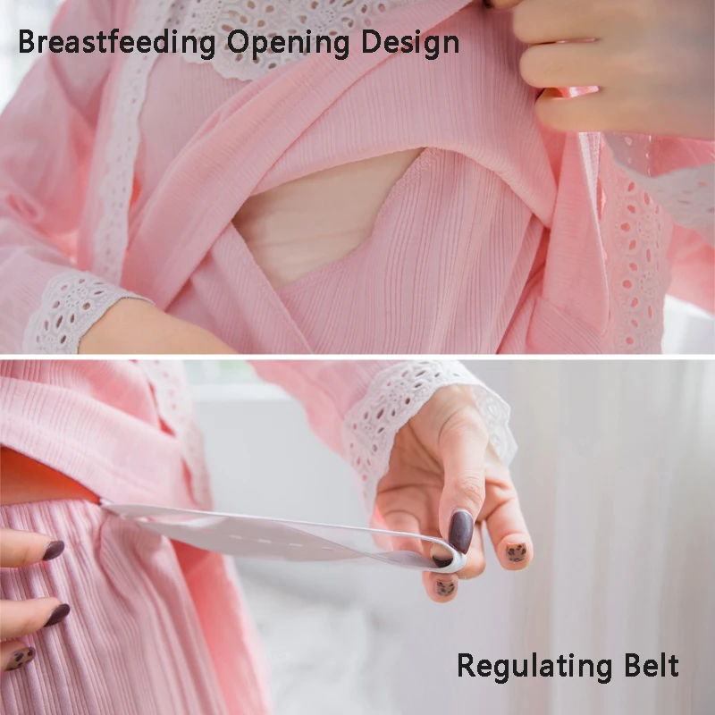 2019 Spring Nursing Pajamas Korean Cotton Sexy 3Pcs/Set Maternity Sleepwear Postpartum Breastfeeding Pregnancy Nightwear A315