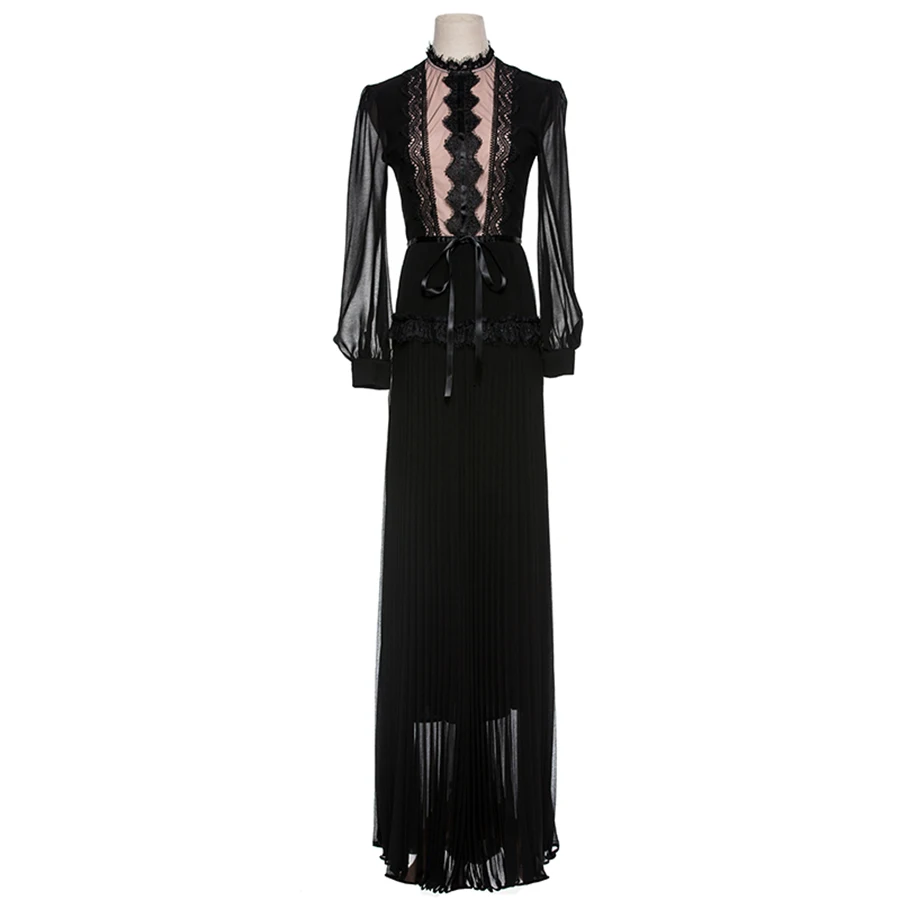 Luxury XXL Women Vestido Dresses 2018 Spring Runway Fashion Lace Ruffles Bow Patchwork Lantern Long Sleeve Pleated Maxi Dress