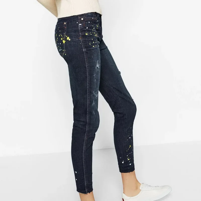 

Fashion Vintage Broken Hole Painted Jeans Woman Femme Casual High Waist Skinny Jeans Slim Pencil Denim Pants For Women Good
