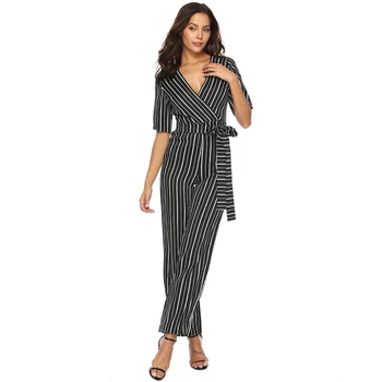 

Spot Women's Casual jumpsuit Deep V-neck Half sleeve Slim fit Striped jumpsuits 2019 Summer Explosion Sexy Rompers A2481