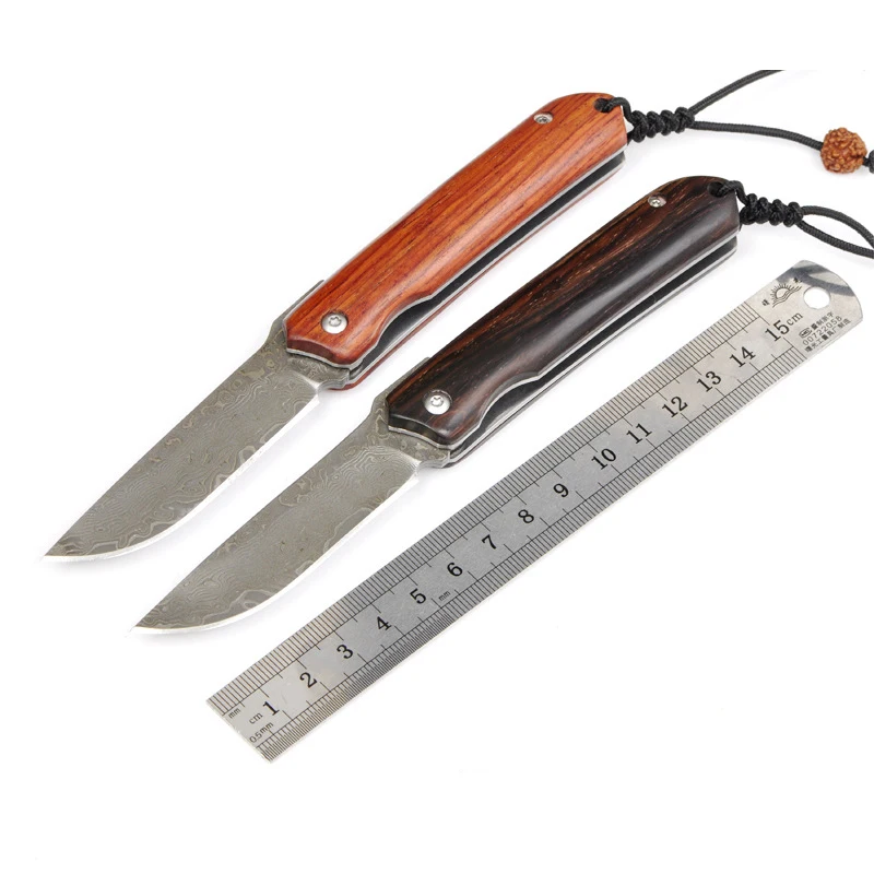 

Spain Mini Folding Knife Pocket Collection Damascus Blade Rosewood Handle gift Camping Survival Hunting EDC Tool Keychain Knives