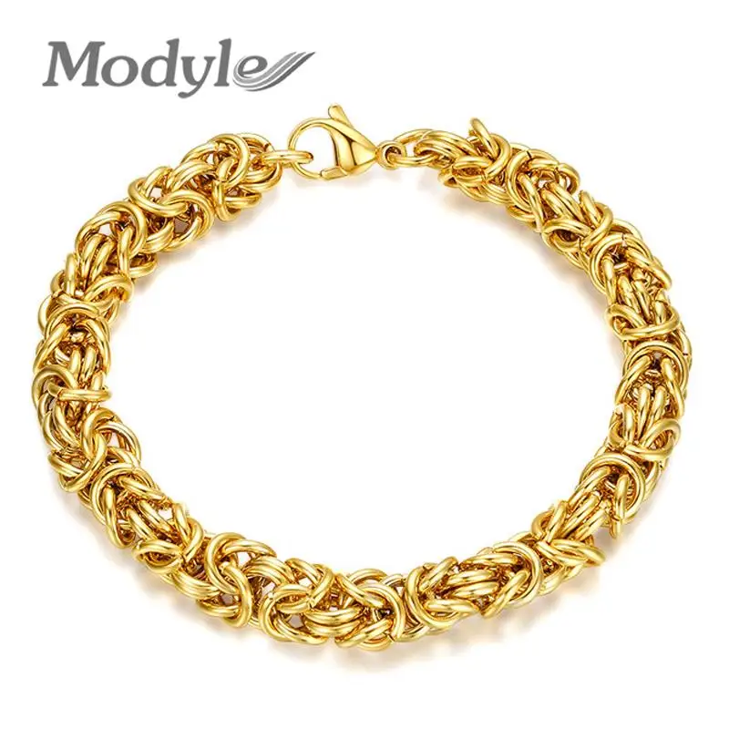 Modyle Мужские Цепочка плоская, византийское плетение золото-Цвет Нержавеющая сталь браслет мотоцикл браслет байкера Модные украшения