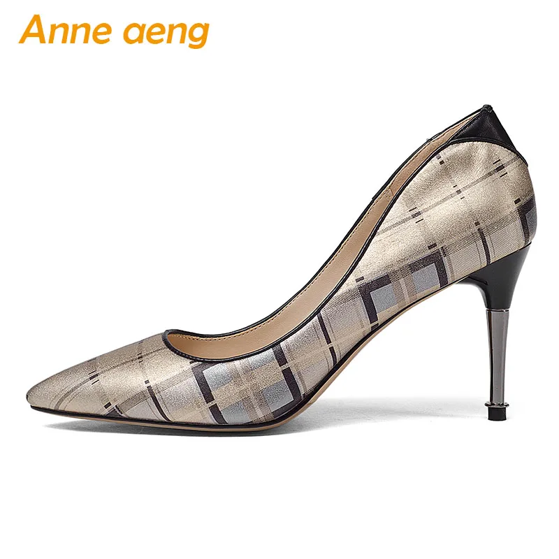 

New Genuine Leather Women Pumps High Heels Pigskin Insole Pointed Toe Sexy Office Ladies Bridal Wedding Shoes Gold High Heels