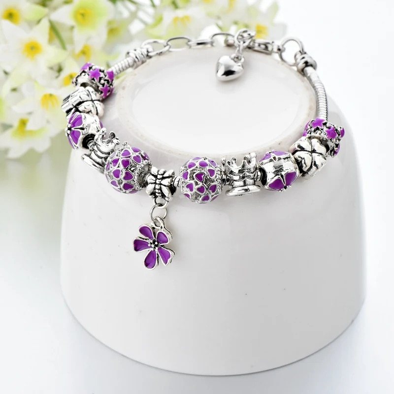 Szelam Фиолетовый Кристалл бусины браслеты с подвесками и Серебряный цветок браслеты для женщин femme DIY Ювелирные изделия SBR170017