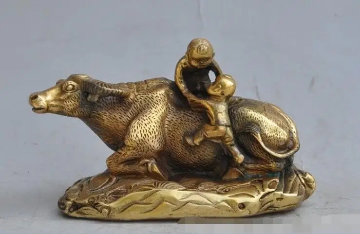 

S06842 13cm Japanese bronze copper boy kid zodiac bull oxen animal art statue sculpture