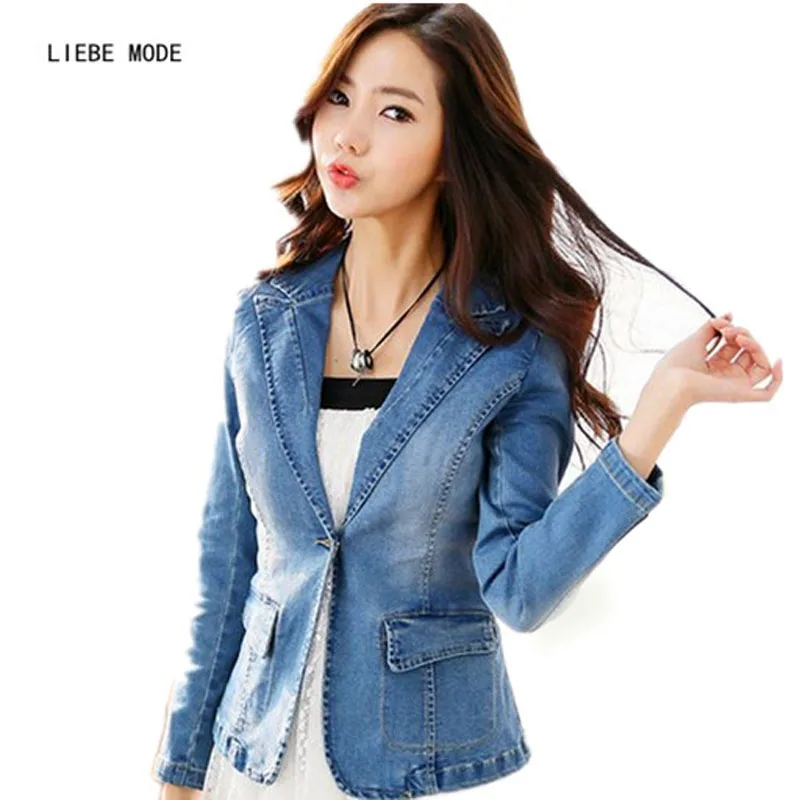 Female Short Designs Long Sleeve Denim Blazer Women One Button Jackets