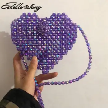 

Heart-shaped Bag Dazzling Color Knitting mini handbag Beads Love Pericardium Ins Super-hot Heavy Metal Lady Crossbody Bags
