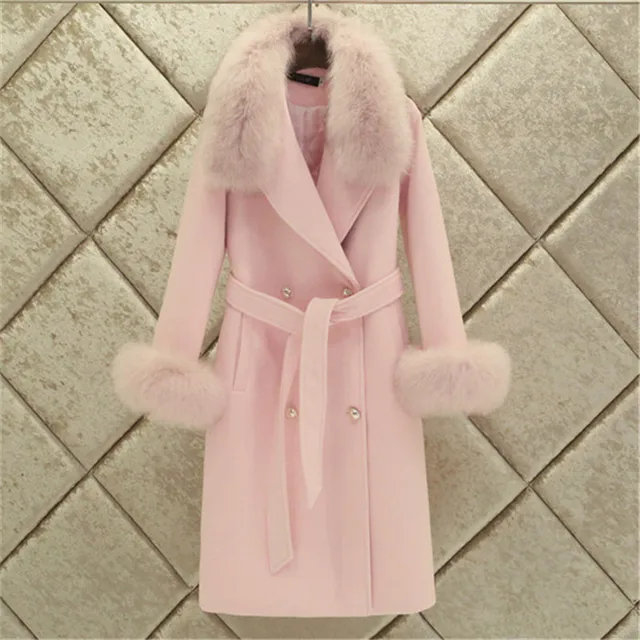 Модное женское Шерстяное Пальто, новинка зимы 2019, облегающее однотонное двубортное пальто с карманами и большим меховым воротником, плотное теплое шерстяное пальто, женская верхняя одежда 1