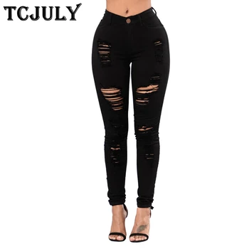 

TCJULY 2020 New Design Streetwear Stretchy Push Up Casual Jeans Skinny Slim Ripped Denim Pencil Pants Plus Size Torn Jeans Women