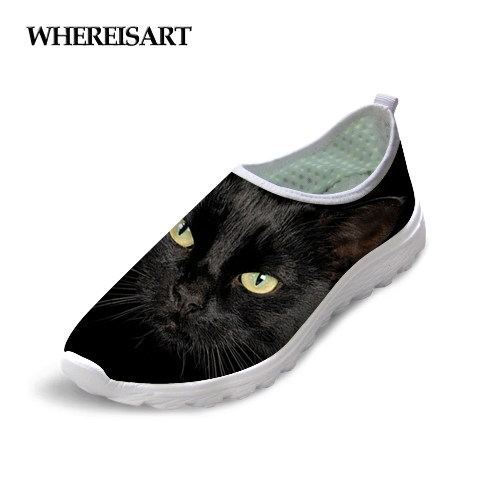 

WHEREISART 2019 New Summer Shoes Woman Animals Black Cats Printing Air Mesh Sneakers Laides Flats Slip-on Walking Tenis Feminino