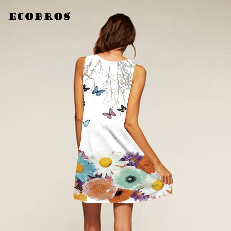 ECOBROS 2019 Summer New Woman Dress casual sleeveless Loose butterfly flower print mini dresses plus size woman clothing dress