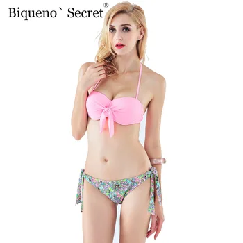 

Sexy Pink Tie Front Swimsuit Beach Wear Plus Size Underwire Bikini Bathing Suit Bandage Push Up Swimwear Maillot De Bain Femme