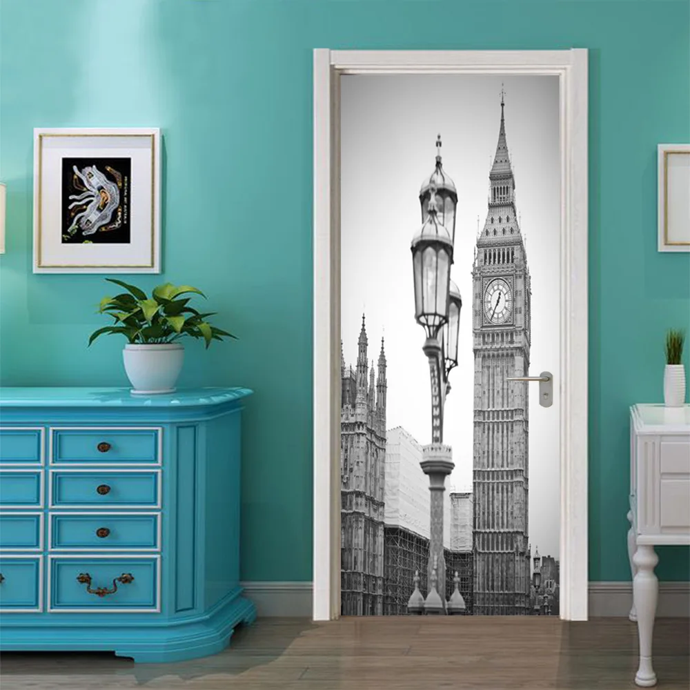 

2pcs/set 3D London Clock DIY Door Art Mural Sticker Self-adhesive PVC Wall Sticker Building Poster Home Decor Wallpaper Decals