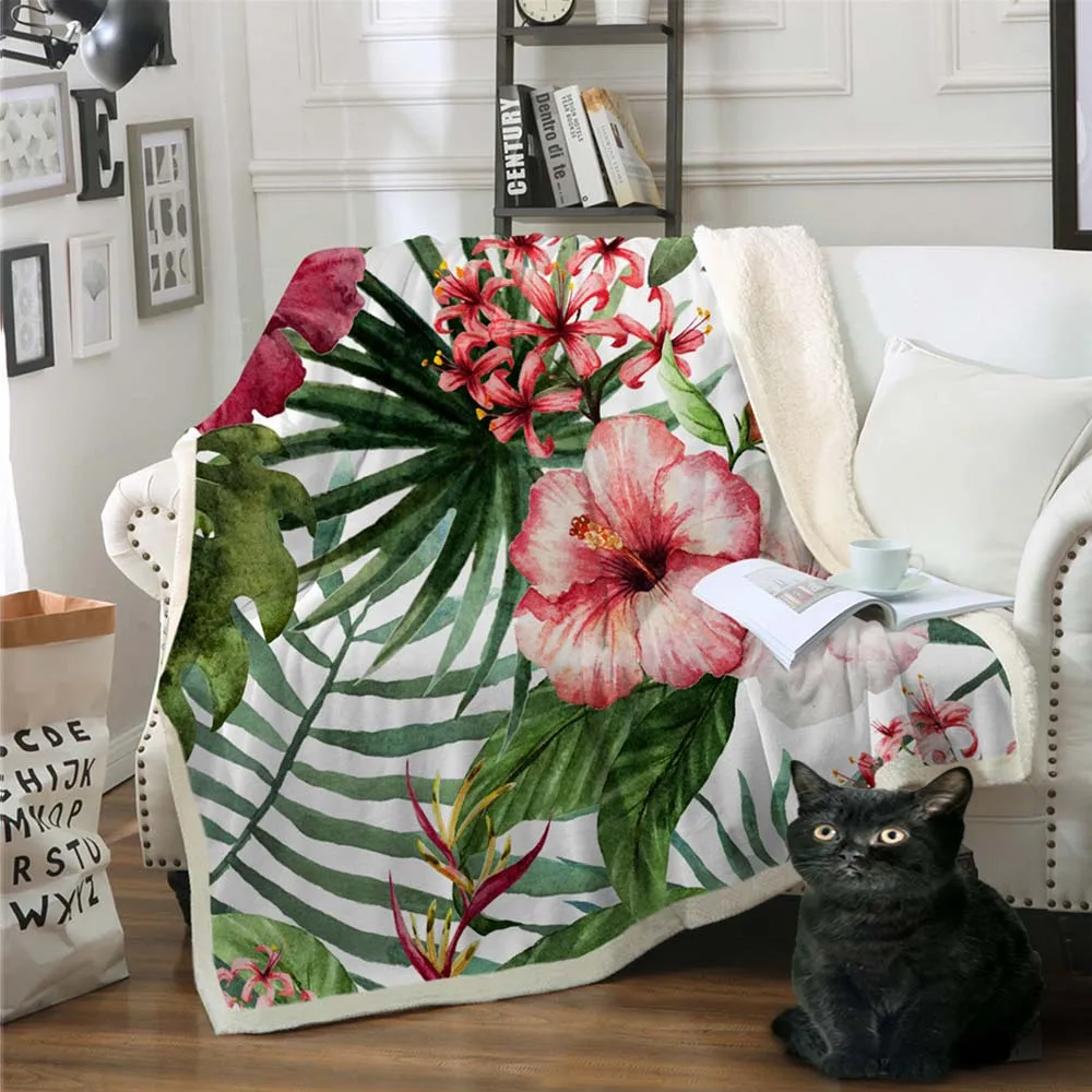 Tropical Flowers Sherpa Throw Blanket Leaves Red Green White Bedspread