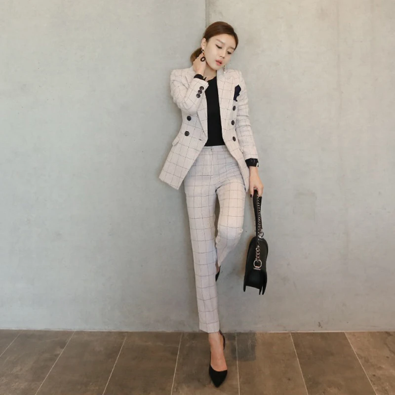 2018 Новый Для женщин комплект из 2 частей женский пиджак клетчатый Блейзер брючный костюм Винтаж белый деловые костюмы для работы Лидер