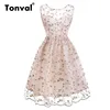 Tonval Women Little Flowers Embroidery Mesh Pink Dress Women Deep V Back Pleated Simple Summer Casual Dresses ► Photo 1/6