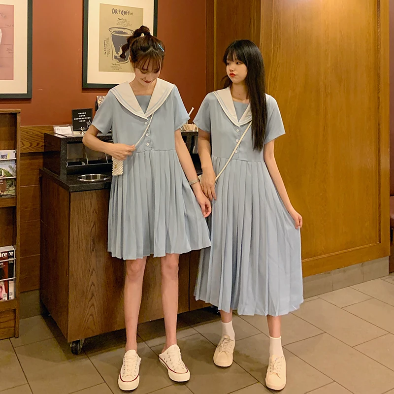 

Cute Girls Japanese Unifrom Pleated Dress Sky Blue Sailor Collar JK Long Dress One Piece 2 Styles