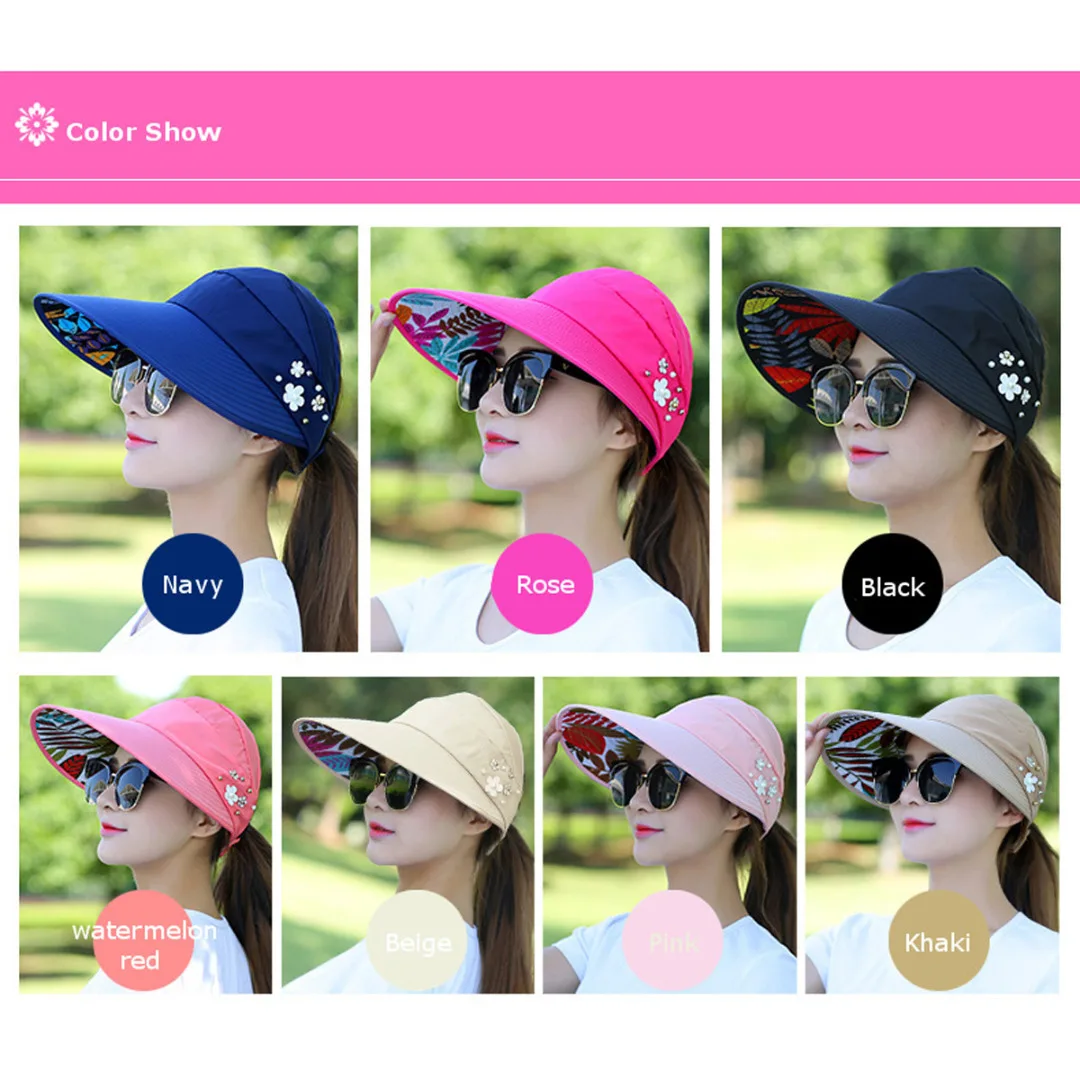Summer Wide Brim Hat Visor Cap Foldable Fower Beach Sun Hat Women Outdoor Anti-UV hats BBYES