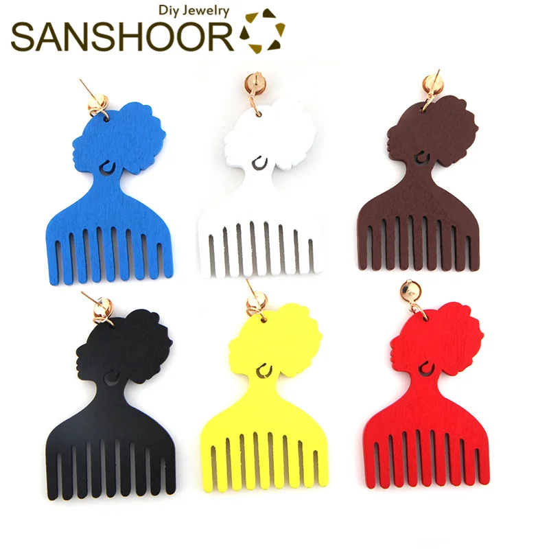 

SANSHOOR Printing Afro Comb Wood Drop Earrings African Woman Headwrap Tribe Bohemian Jewelry 6 Colors for Blacks' Gifts 1 Pair