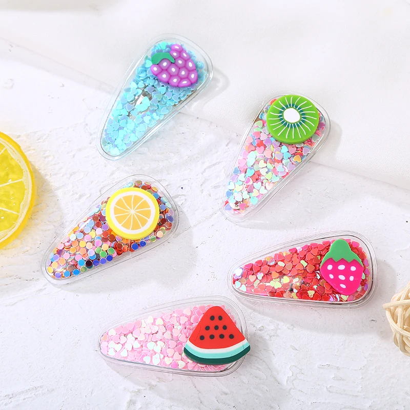 

5pcs New Girl Snap Hairpins Color Quicksand Head Piece Transparent Children's Fruit Hair Pins PVC Side Clip BB Clip Hair Jewelry