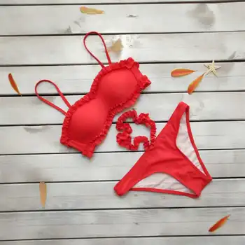 

Ruffles Solid Bra Set Button Europe Sexy 2019 Bra and Thong Yellow Red Black Sky Blue