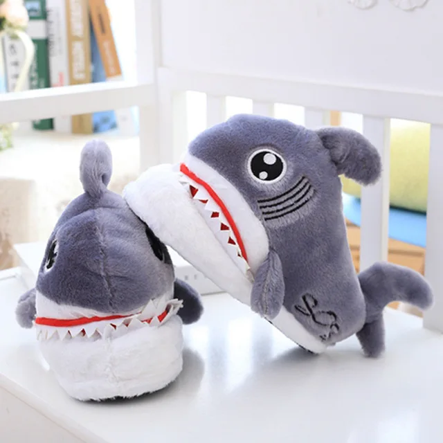 Funny Shark slippers for girls Winter Flock Short plush House shoes women Cute cartoon Bedroom slippers Flat with Soft