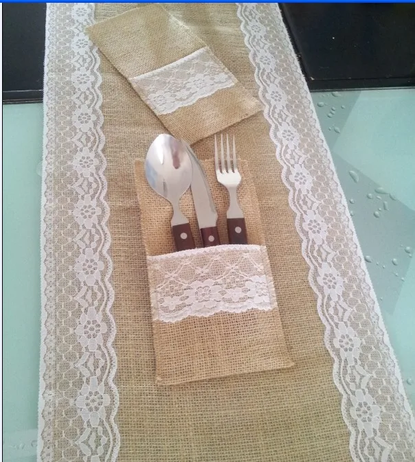 

30x270cm x burlap wedding table runner /lace jute table runner with 10 pcs burlap Silverware tray holder